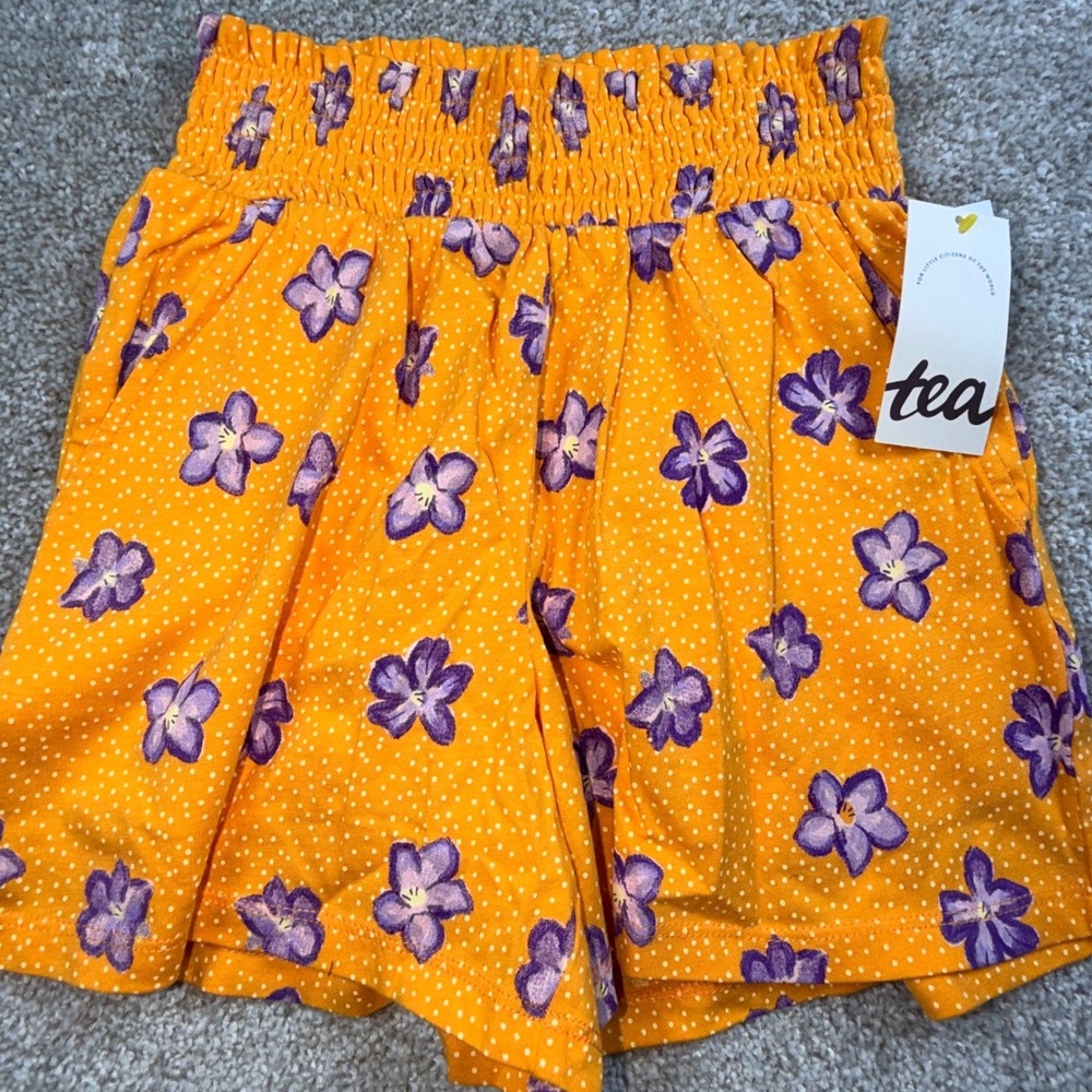 Tea Collection Desert Rose Floral Paperbag High-Waist Shorts Orange Girls Size 7